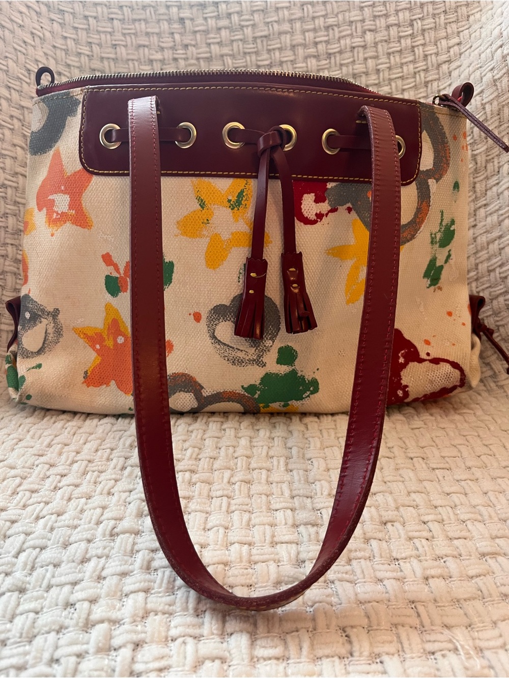 Dooney and Bourke Graf Canvas Floral Drawstring Tote with Burgundy Leather Trim